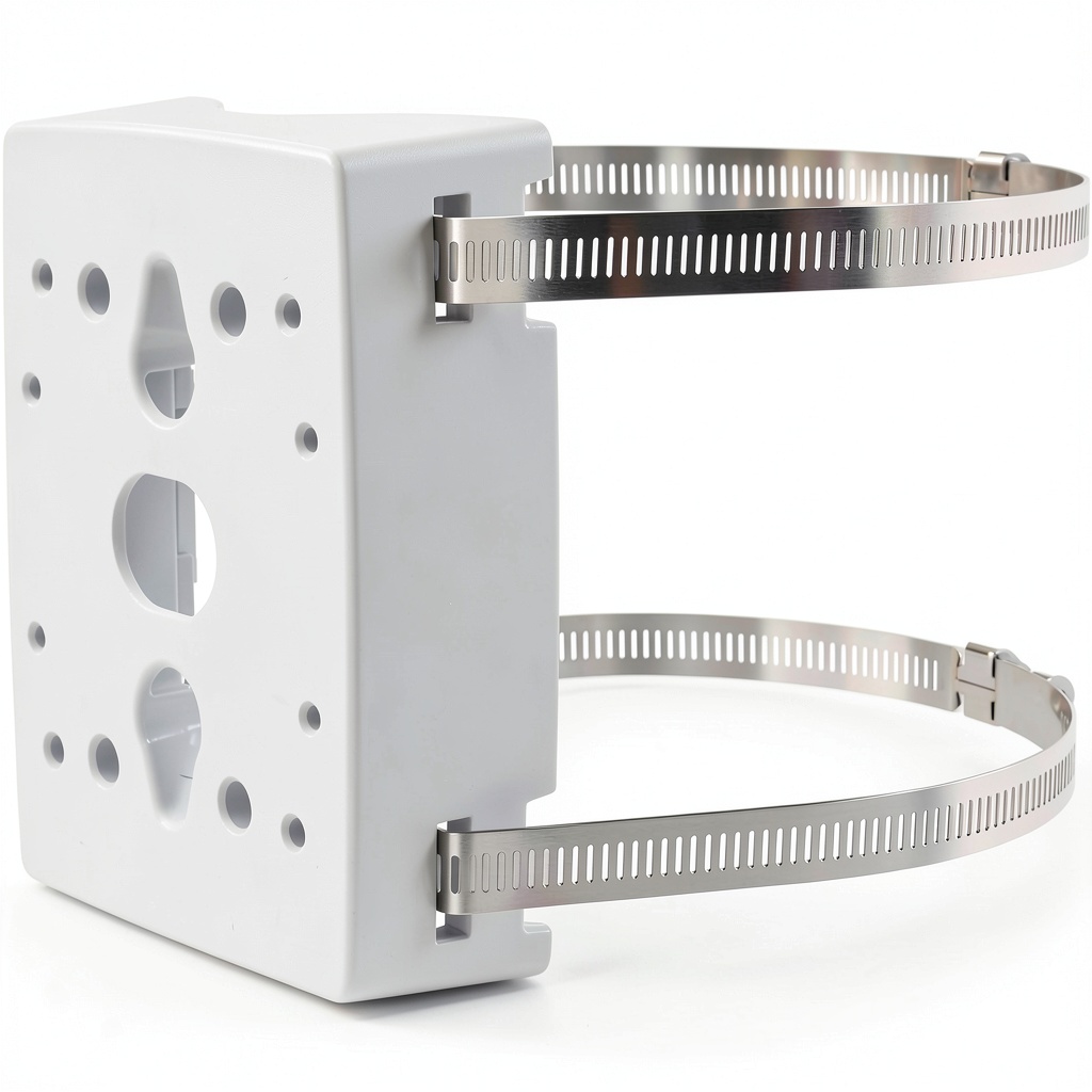 Installing Axis pole mount stainless steel IK10 vandal resistant on a metal pole in an outdoor setting