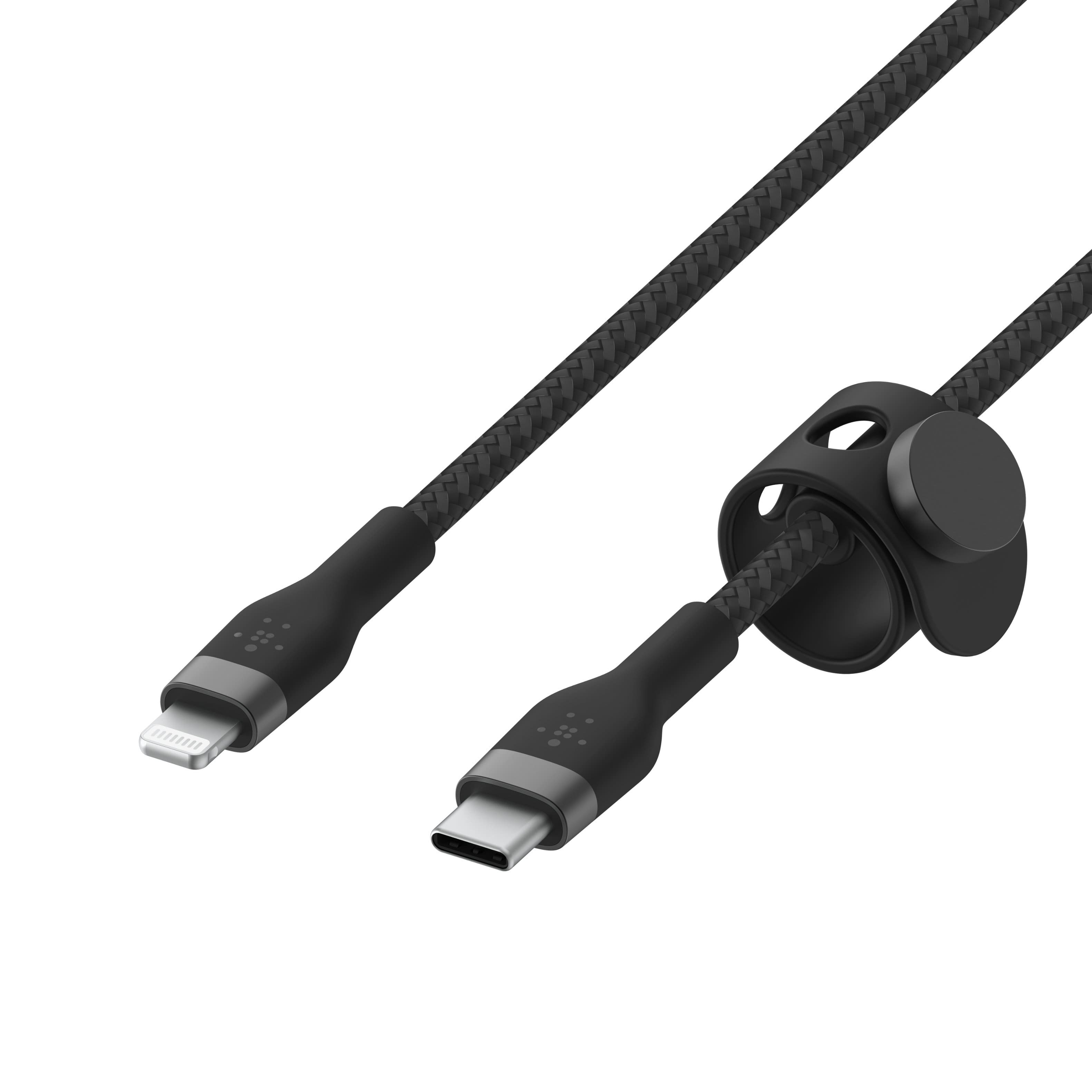 BOOSTCHARGE USB-C to Lightning Cable in use with iPhone and power adapter