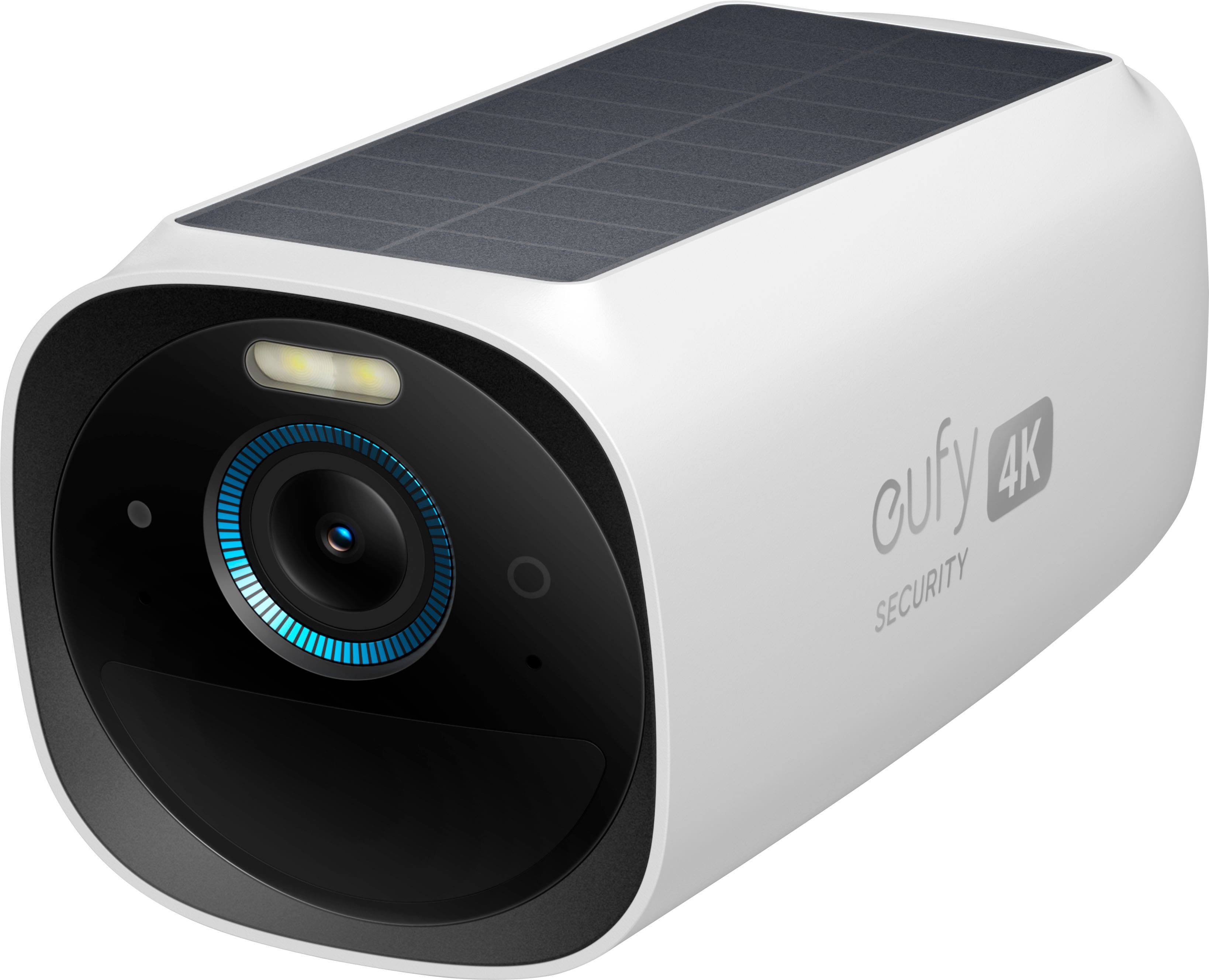eufyCam 3 installed on an exterior wall with solar panel visible